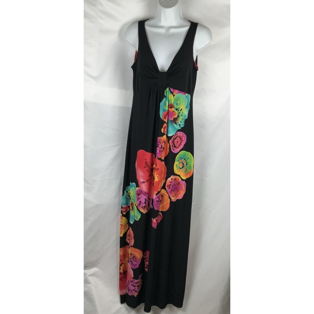 Sandra Darren Women's Size 8 Vibrant Floral  Sleeveless Maxi Dress Deep V Neck